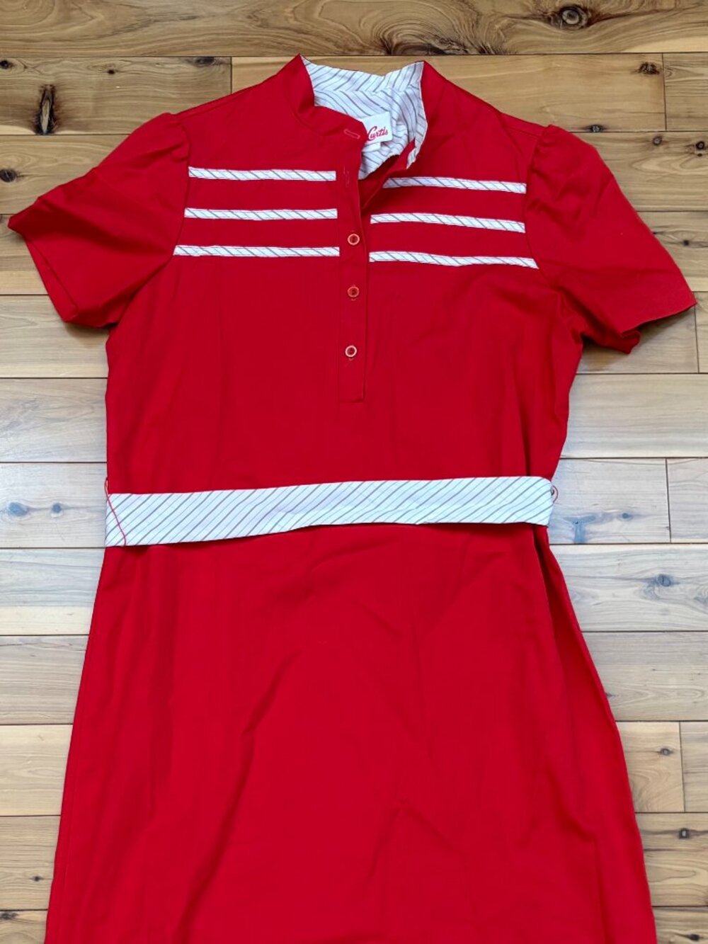 Vintage 70s Joan Curtis Red Nautical Belted Shirt Waist Dress ILGWU 12